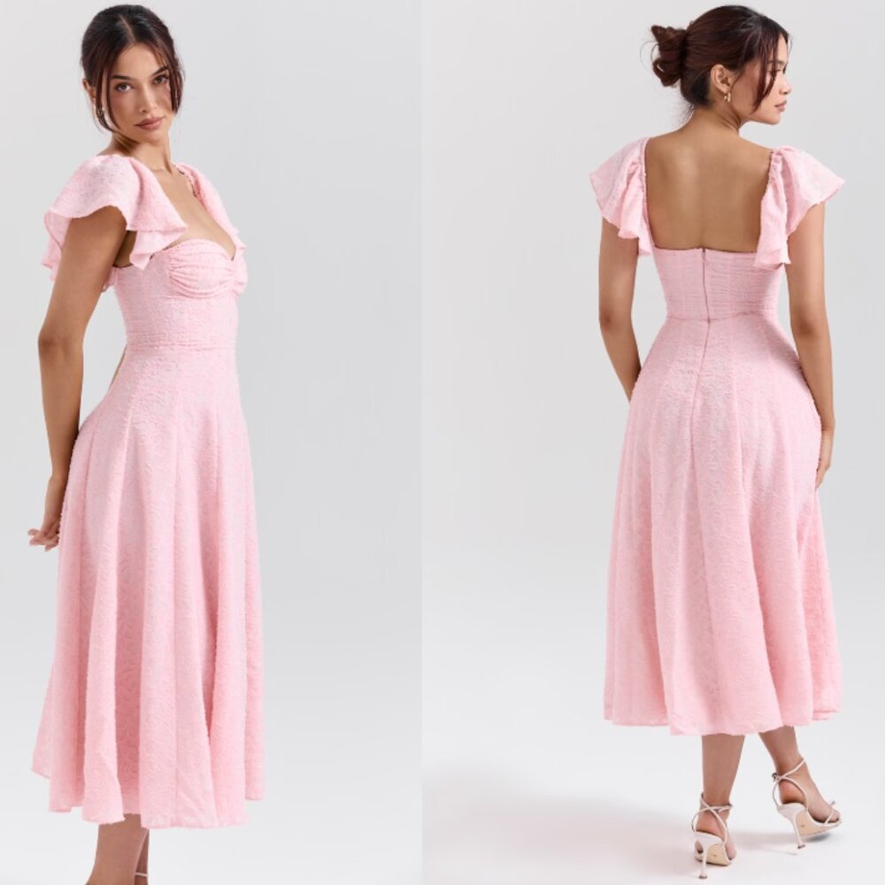 HOUSE OF CB 'Emma' Perfectly Pink Floral Jacquard Midi Dress NWOT - Picture 4 of 8